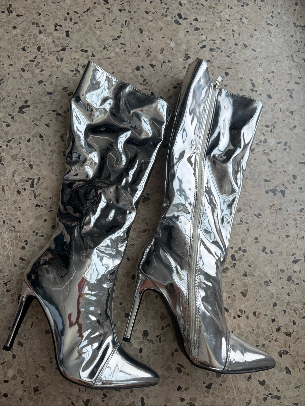 Cuccoo Metallic Silver Stiletto Knee-High Boots - Women's Fashion Boots